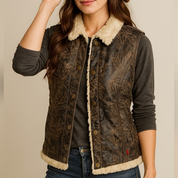 Woolrich Women's Faux Leather Leaf Print Distressed Sherpa Lined Vest Sz Medium - Picture 2 of 14